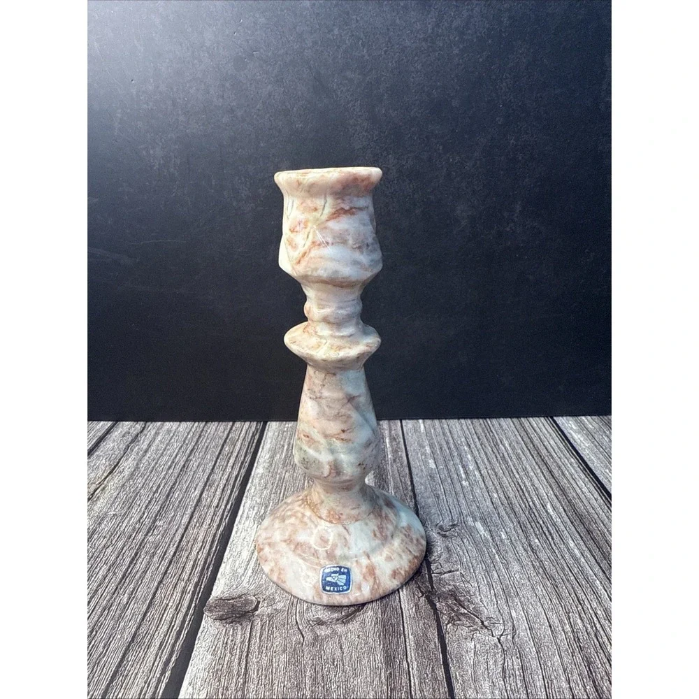 VTG Pink Marble Candlestick Candle Holders 6 inches